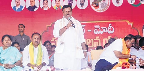 State BJP chief PVN Madhav speaking at the unveiling ceremony of the bronze statue of former PM Atal Bihari Vajpayee in Bapatla.