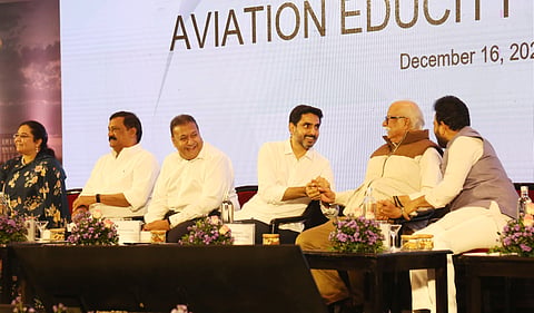 Civil aviation minister Kinjarapu Ram Mohan Naidu, state IT minister Nara Lokesh, Mansas Trust Chairperson Pusapati Ashok Gajapati Raju and GMR Airports chairperson GBS Raju during the launch of GMR Mansas EduTech in Visakhapatnam on Tuesday. 