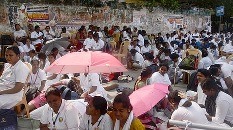Nurses staged Hunger strike emphasizing demands including fulfillment of election promise 356, organised by Tamil Nadu  Nurses Development Association.