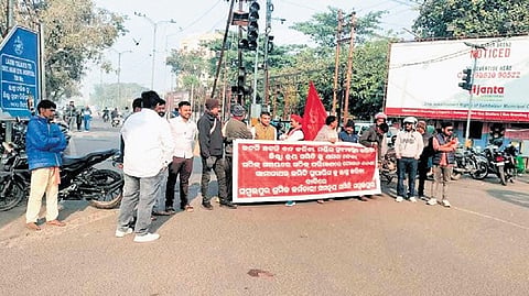 Agitators blocking a road during the bandh in Sambalpur on Friday 