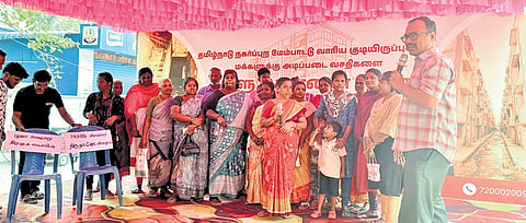 About 100 residents from TNUHDB tenements across Chennai city stage protest near  Rajarathinam stadium on Sunday.