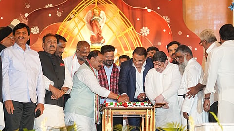 Chief Minister A Revanth Reddy takes part in the Christmas celebrations at LB Stadium in Hyderabad on Saturday
