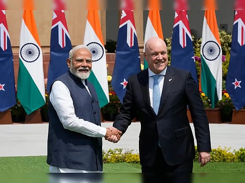 Indian Prime Minister Narendra Modi, left, with New Zealand Prime Minister Christopher Luxon