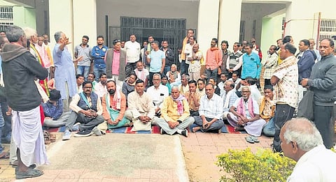 Farmers staging dharna outside the Bargarh collectorate on Tuesday 