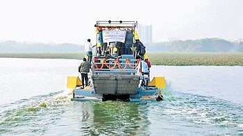 The weed removal machine at work in Madiwala Lake on Wednesday 