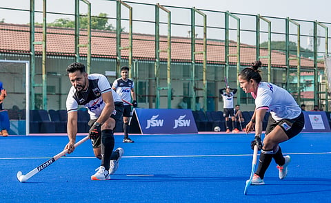 Harmanpreet Singh (L) during an event in Chennai on Wednesday