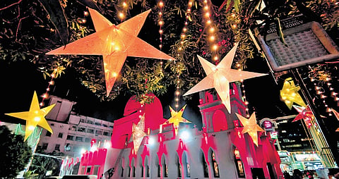 St Teresas Church at Nungambakkam illuminated with strings of coloured lights for Christmas on Wednesday.