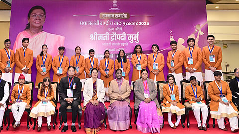 In this image posted on Dec. 26, 2025, President Droupadi Murmu with winners of the 'Pradhan Mantri Rashtriya Bal Puraskar' poses for a group picture during a ceremony on the occasion of 'Veer Bal Diwas', in New Delhi. 