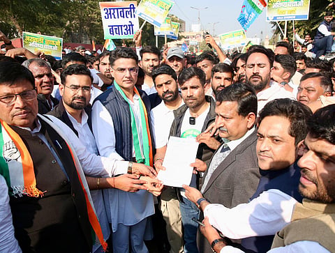 The NSUI held a protest march in Jaipur on Friday as part of its campaign to save the Aravallis. It was attended by Congress National General Secretary Sachin Pilot. (Photo | Special arrangement)
