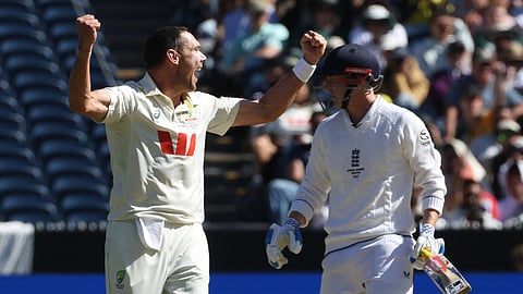 Australia's Scott Boland, left, successfully appeals for a LBW on England's Harry Brook, right, during their Ashes cricket test match in Melbourne, Friday, Dec. 26, 2025.