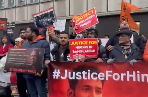 Digital vans hired for the protest flashed some facts and figures around the "atrocities" being inflicted upon Hindus in Bangladesh.