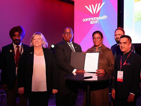 Commonwealth Sport chief Donald Rukare (3rd from left) & Commonwealth Games Association of India president PT Usha along with Gujarat deputy chief minister Harsh Sanghavi (extreme right)