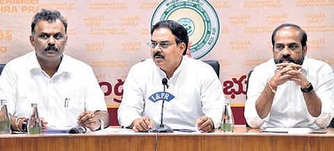 Ministers Mandipalli Ram Prasad Reddy, Nadendla Manohar and Satya Kumar Yadav briefing the media about the Cabinet decisions at Secretariat on Monday 