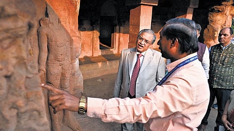 Chief Election Commissioner Gyanesh Kumar studies a carving during his visit to the Udayagiri caves, in Bhubaneswar, on Sunday 