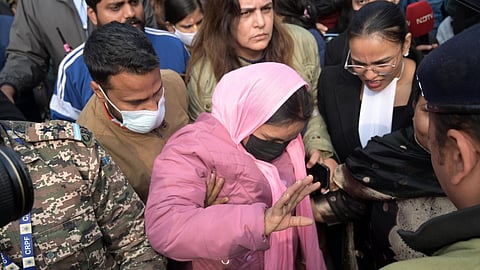 Survivor in the Unnao rape case leaves from Supreme Court, in New Delhi. The Supreme Court on December 29 stayed a Delhi high court order that had suspended Sengar’s life sentence and granted him bail. 
