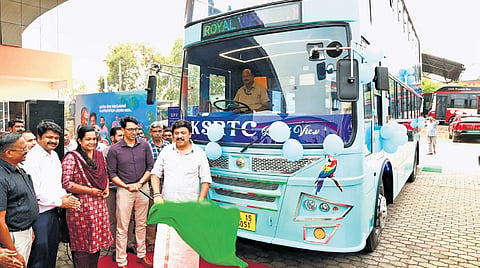 Transport Minister K B Ganesh Kumar launches Royal View 2.0, KSRTC’s 
double-decker bus, at Anayara in Thiruvananthapuram