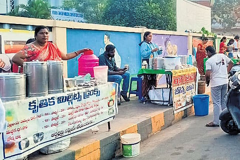 Residents are seen queued up  drinking nutrition/millet based juices at Vijayawada.