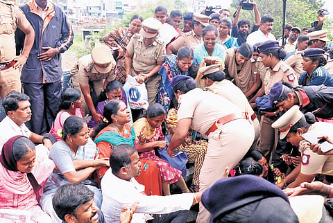 Nearly 800 members of the Secondary Grade Seniority Teachers’ Association were removed from Gandhi Irwin Road in Egmore by the police on Thursday 