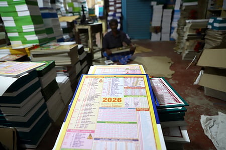 Workers engaged ruling calenders for the year 2026 at Town hall in Coimbatore 