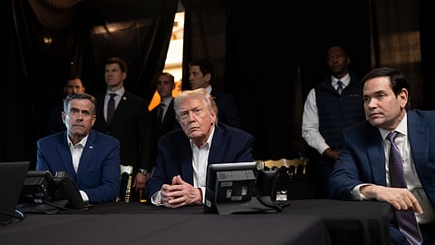 In this photo released by the White House, President Donald Trump monitors U.S. military operations in Venezuela, with CIA Director John Ratcliffe, left, and Secretary of State Marco Rubio at Mar-a-Lago in Palm Beach, Fla., Saturday, Jan. 3, 2026