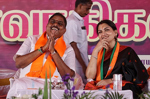 A Namassivayam and Khushbu Sundar Vice President of BJP, Tamilnadu unit during an event in Puducherry recently. 