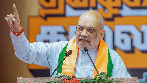 Union Home Minister Amit Shah addresses a public meeting during the valedictory ceremony of BJP Tamil Nadu State President Nainar Nagenthran's 'Tamilagam Thalainimiria Tamilanin Payanam' yatra, in Tiruchirappalli, Tamil Nadu.