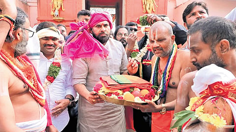 AP Deputy CM Pawan Kalyan at the foundation-laying ceremony for construction works at Kondagattu temple in Telangana with TTD funds, on Saturday.