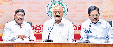Agriculture Minister Kinjarapu Atchannaidu addressing the media at Secretariat in Velagapudi on Monday. R&B Minister BC Janardhan Reddy (L) is also seen