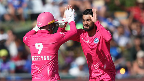 Sikandar Raza (R) in action during a SA20 match