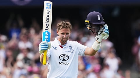 England's Joe Root celebrates after scoring a century during play on day two of the fifth and final Ashes cricket test between England and Australia in Sydney, Monday, Jan. 5, 2026. 