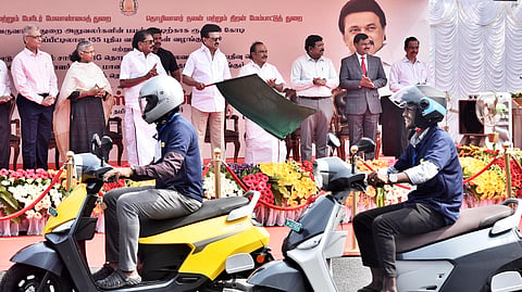 CM MK Stalin flags off the E- bikes at Island  ground, on Monday in Chennai