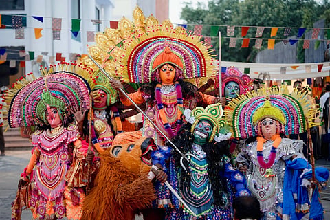 Dancers perform the energetic Chhau dance at Dastkari Haat Crafts Bazaar at Delhi's Dilli Haat