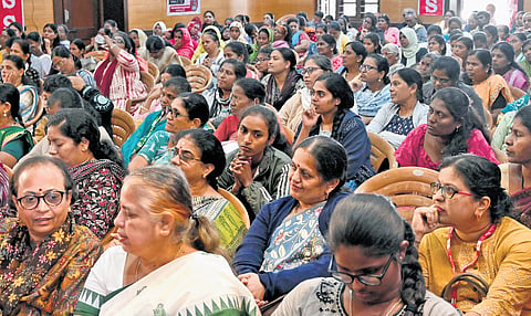 Participants at a Women’s Convention organised by the All India Mahila Samskritika Sanghatane (AIMSS) at Gandhi Bhavan in Bengaluru on Wednesday. 