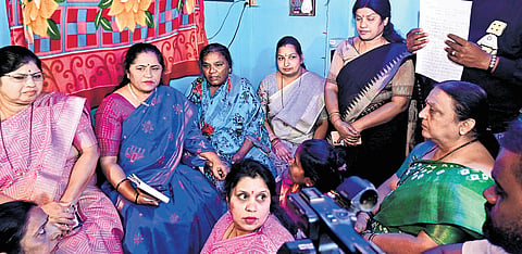 BJP women’s wing president C Manjula with party worker Vijaylakshmi at her house in Hubballi on Thursday  