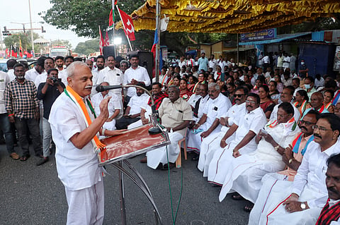 Secular parties, constituents of the Puducherry unit of the INDIA alliance, staged a dharna under the Leadership V. Vaithilingam, MP LS, & PCC President.