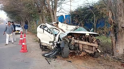 The remains of the car that that crashd into a roadside tree at Mirzaguda late Wednesday night on 7, January 2026. 