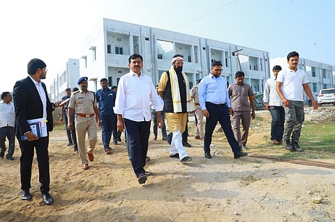 Ministers Ponguleti Srinivasa Reddy and Uttam Kumar Reddy inspect Indiramma houses in Huzurnagar on Wednesday