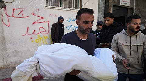 The body of 11-year-old Palestinian girl Hamsa Hosou, killed by Israeli fire in Jabalia, is brought to Shifa Hospital in Gaza City Thursday, Jan. 8, 2026. 