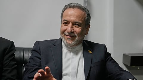 Iranian Foreign Minister Abbas Araghchi, right, gestures as he meets with Amer Bisat, the Lebanese minister of Economy and Trade, in Beirut, Lebanon, Thursday, Jan. 8, 2026. 