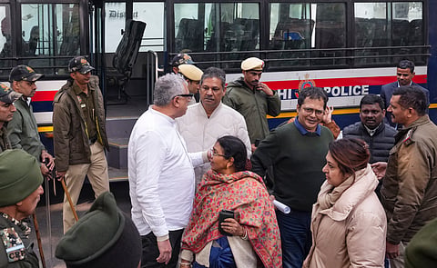 MC MPs Derek O'Brien, Satabdi Roy, Kirti Azad and others at Parliament Street Police Station after being detained during a protest against ED raids on I-PAC, in New Delhi, Friday,