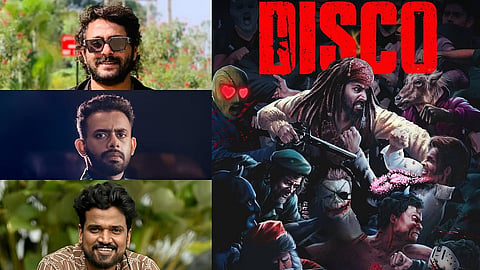 (L - top to bottom) Antony Varghese Pepe, Arjun Ashokan, Lukman Avaran, (R) Concept poster of Disco 