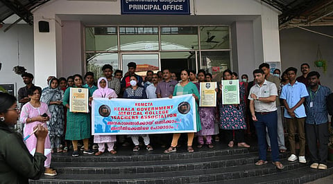 The protest is in support of demands related to pay revision, transfers and improvement of facilities. 
