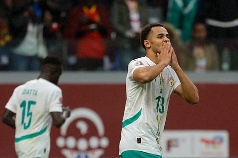 Senegal's forward Iliman Ndiaye celebrates scoring his team's first goal during the Africa Cup of Nations (CAN) quarter-final football match between Mali and Senegal at the Grand Stadium in Tangiers on January 9, 2026.