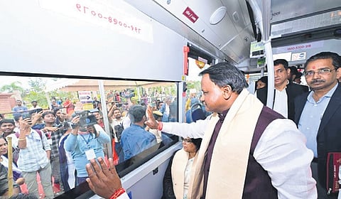 Chief Minister Mohan Charan Majhi taking a bus ride in Sambalpur 