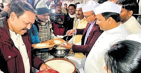 The Dahi-Chura programme at the Bihar Congress headquaters in Patna, where party’s six legislators did not show up on Monday