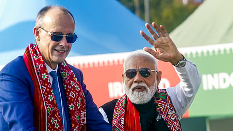 German Chancellor Friedrich Merz and Prime Minister Narendra Modi in Ahmedabad on Monday. (Photo | PTI) 
