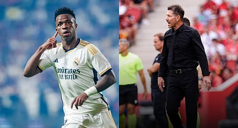 Atletico Madrid coach Diego Simeone (R) apologised to Real Madrid winger Vinicius Junior (L).