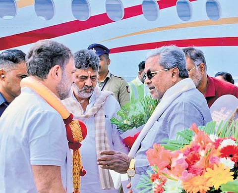 Chief Minister Siddaramaiah and Deputy CM DK Shivakumar receive Leader of Opposition in Lok Sabha Rahul Gandhi at Mysuru airport on Tuesday 