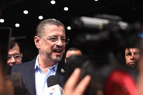 Costa Rican President Rodrigo Chaves speaks during a news conference regarding the seizure of four tons of drugs, at an air base in San Jose, Costa Rica, Friday, Nov. 28, 2025.
