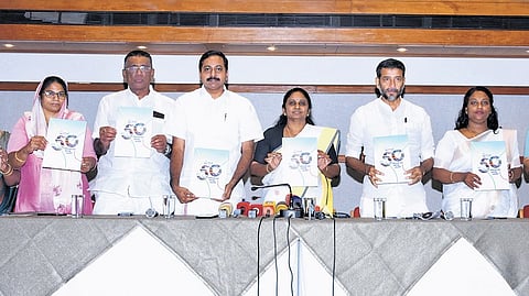 Mayor V K Minimol, Deputy Mayor Deepak Joy and standing committee chairpersons Shakritha, P M Naseema, T K Ashraf, Antony Painuthara, Jismi Gerald, Seena and K A Manaf during the launch of Kochi corporation’s  50-day action plan on Tuesday 
